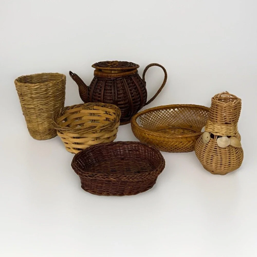 Lot of 6 Vintage Rattan,Wicker, Bamboo Handmade Baskets Boho Cottage Decor
